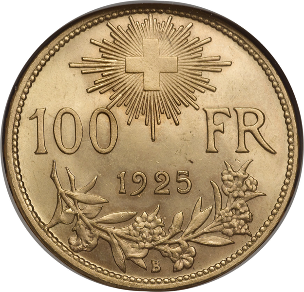 Swiss cross with radiating rays and botanical wreath on 1925 Swiss 100 franc gold commemorative coin 