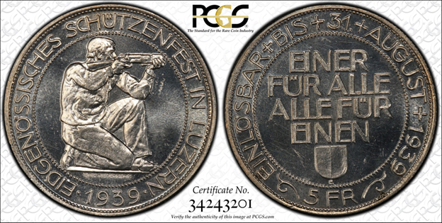 Marksman aiming rifle on obverse and commemorative text with Swiss shield on reverse of 1939 Swiss 5 franc shooting festival silver coin 