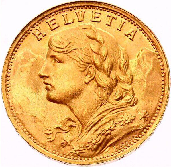 Profile portrait of young Swiss Alpine girl with braided hair on Vreneli 20 franc gold coin 