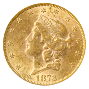 1873 $20 Liberty Open 3 PCGS AU55