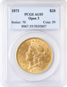 1873 $20 Liberty Open 3 PCGS AU55