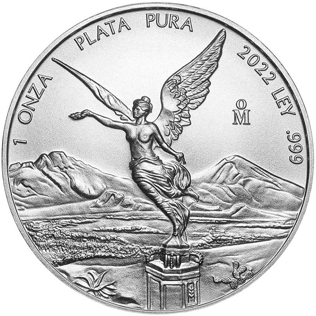 1-oz-.999-fine-silver-Libertad-showing-Angel-de-la-Independencia-statue-with-twin-volcanoes-and-Mexican-Mint-mark