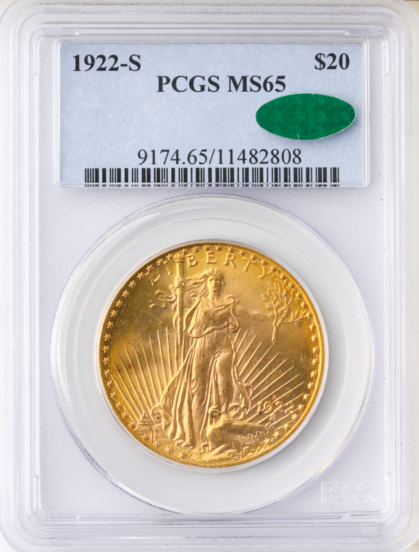 1922-S $20 Saint Gaudens PCGS MS65 CAC 1922-S $20 Saint Gaudens PCGS MS65 CAC