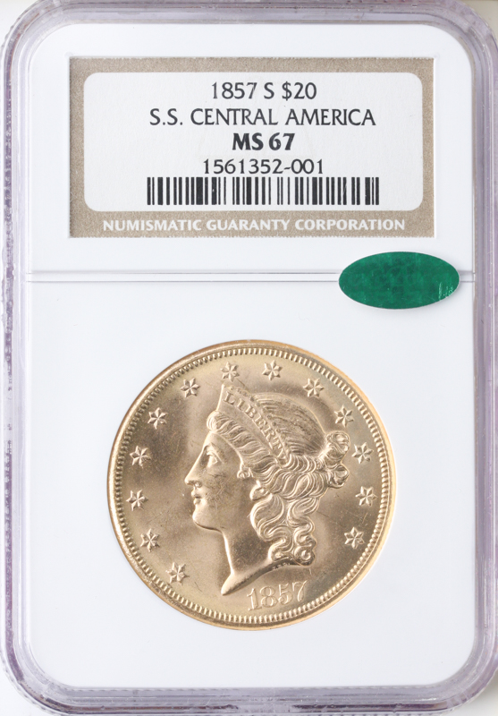 1857-S $20 Liberty SSCA NGC MS67 CAC
