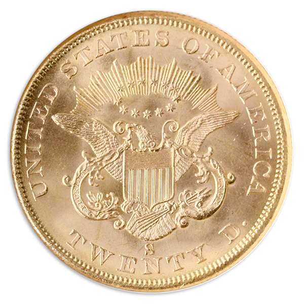 1857-S $20 Liberty SSCA NGC MS67 CAC