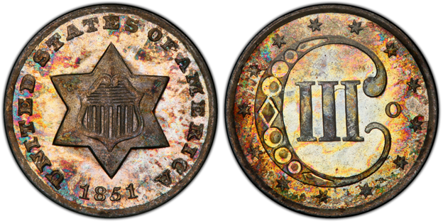 Rare 1851-O three-cent silver with rainbow toning featuring six-pointed star with no border outline and O mint mark below date on obverse, Roman numeral III within C on reverse 