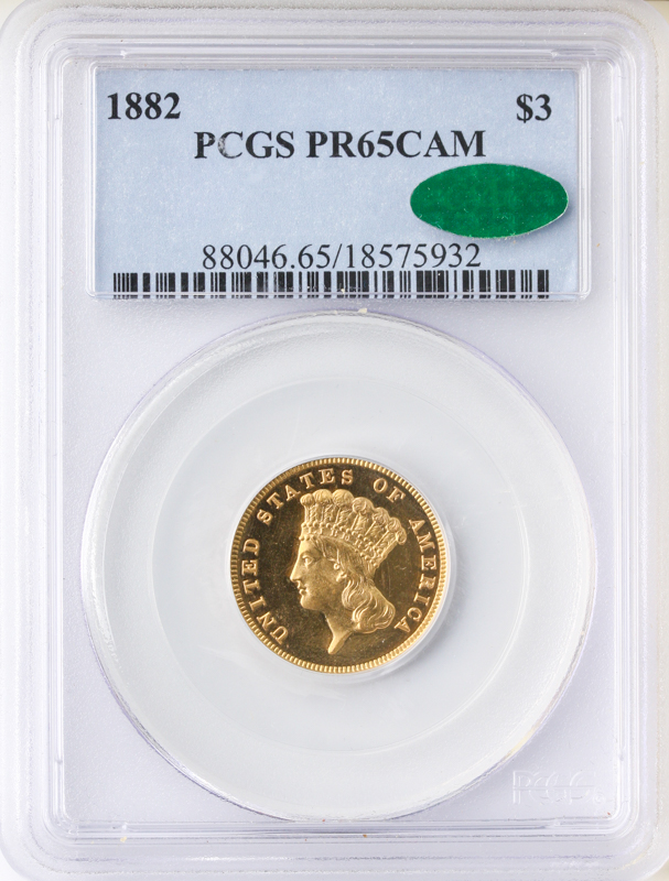 1882 $3 Gold PCGS PR65 Cameo CAC