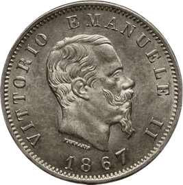 1861 Italian silver coin obverse showing right-facing portrait of King Victor Emmanuel II.