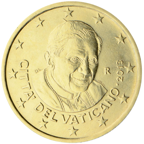 2013 Vatican City 50 euro cent coin showing portrait of Pope Francis with inscription “CITTA DEL VATICANO” and date, surrounded by 12 European stars.