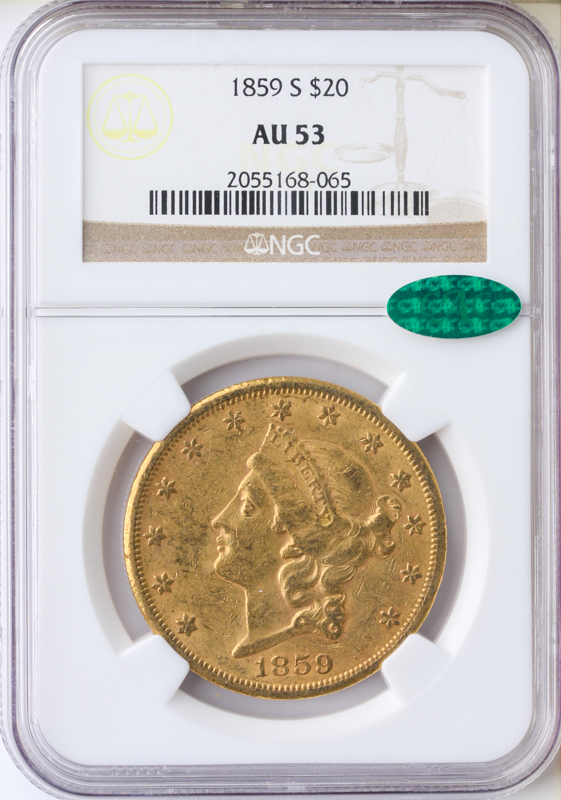 1859-S $20 Liberty NGC AU53 CAC