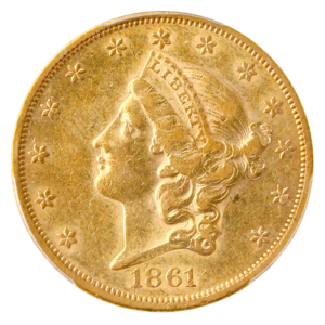 1861 $20 Liberty Gold Coin PCGS About Uncirculated 55(AU55) CAC