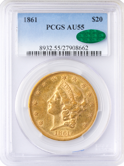 1861 $20 Liberty Gold Coin PCGS About Uncirculated 55(AU55) CAC