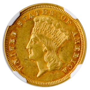 1856 $3 NGC AU55 CAC