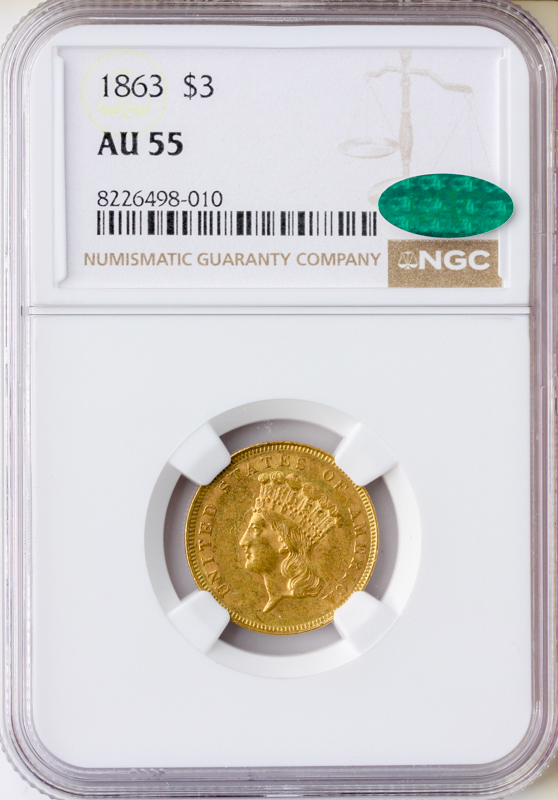 1863 $3 GOLD NGC AU55 CAC 1863 $3 GOLD NGC AU55 CAC