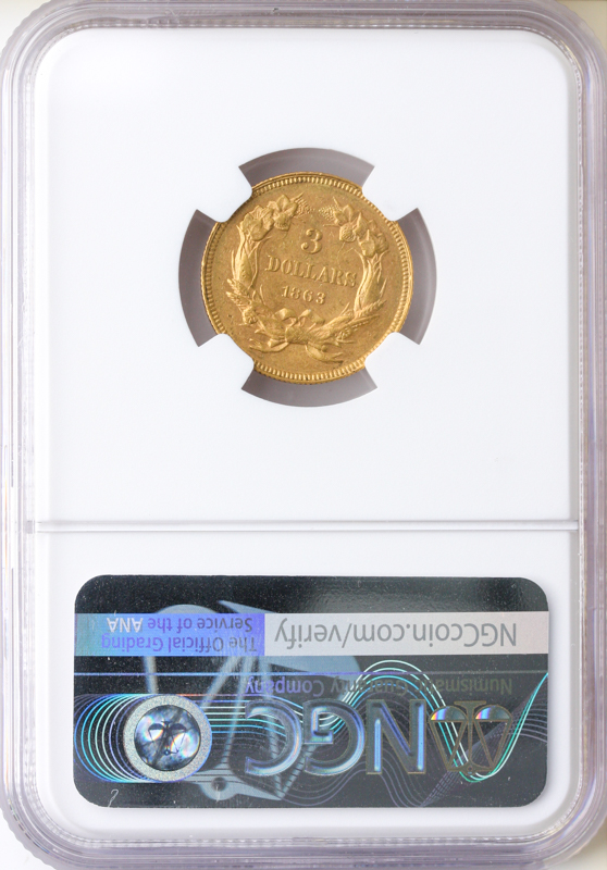 1863 $3 GOLD NGC AU55 CAC 1863 $3 GOLD NGC AU55 CAC