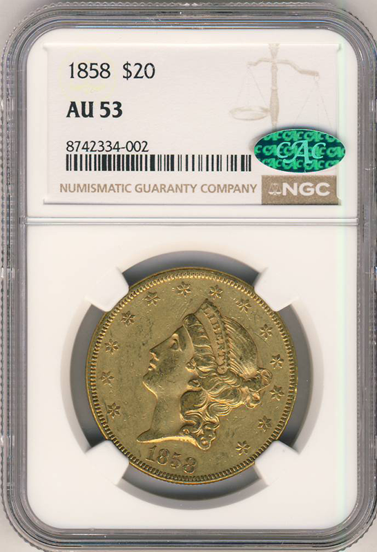 1858 $20 Liberty NGC AU53 CAC