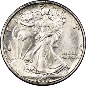 Close-up of a 1917 San Francisco–minted Walking Liberty Half Dollar