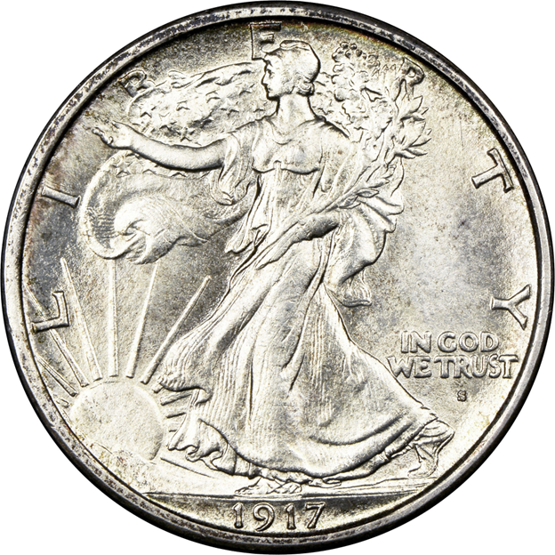 Close-up of a 1917 San Francisco–minted Walking Liberty Half Dollar 