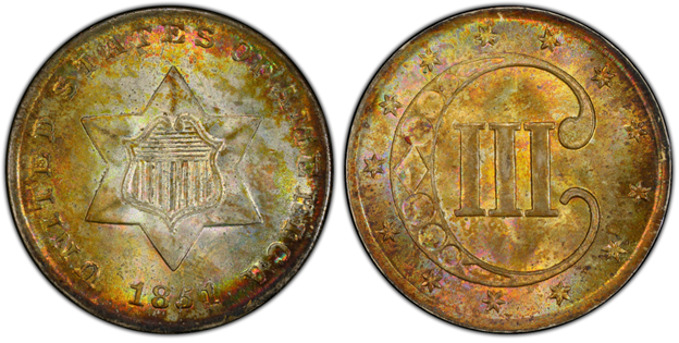 Colorfully toned three-cent silver featuring six-pointed star enclosing striped shield on obverse and large C containing Roman numeral III surrounded by 13 stars on reverse 