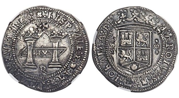 Early-Series-Rincon-8-reales-from-Mexico-City-Mint-featuring-Gothic-lettering-crowned-shield-and-PLVS-VLTRA-banner