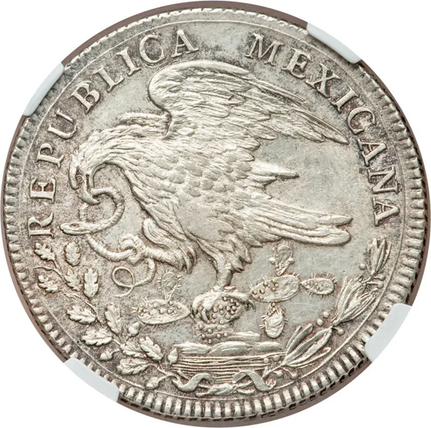 Early-republican-silver-peso-featuring-eagle-with-snake-perched-on-cactus-with-REPUBLICA-MEXICANA-inscription