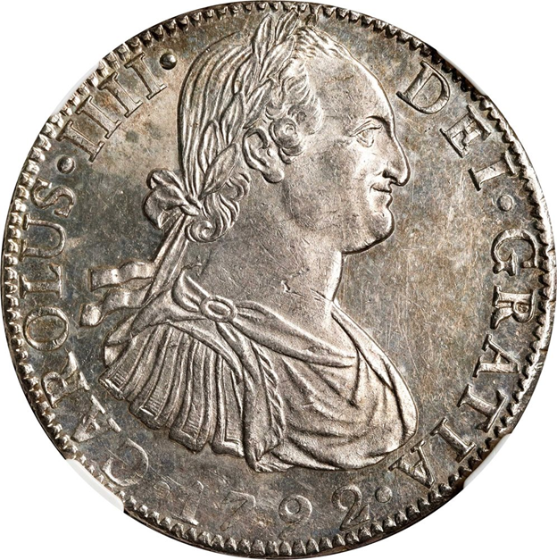Mexico-City-Mint-8-reales-featuring-laureate-bust-of-Spanish-monarch-with-draped-armor-and-inscription