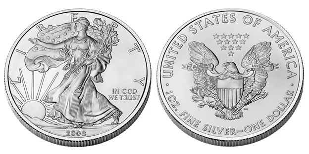 2008 American Silver Eagle bullion coin, obverse and reverse.