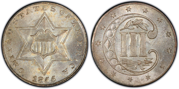 Three-cent silver featuring six-pointed star with three raised border lines enclosing striped shield on obverse and Roman numeral III within C surrounded by olive branch and 13 stars on reverse 
