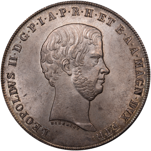 Tuscan fiorino silver coin showing right-facing portrait of Grand Duke Leopold II.