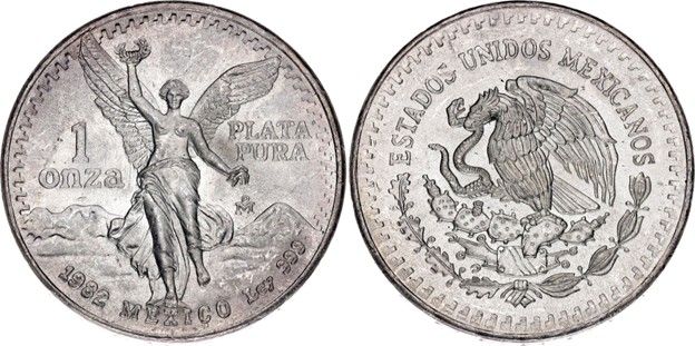 1982 silver Libertad coin with Winged Victory reverse and single Mexican coat of arms obverse.