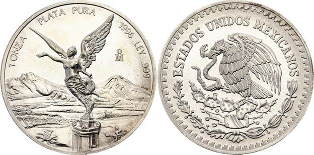 1996 1 oz Mexican silver Libertad coin with redesigned Winged Victory reverse.