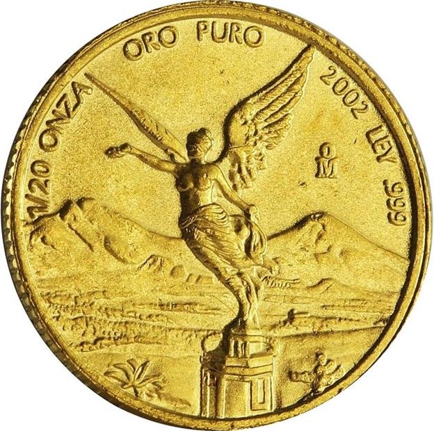 2002 Mexican gold Libertad 1/20 oz coin reverse displaying Winged Victory atop monument with volcanoes and inscription “1/20 ONZA ORO PURO”.