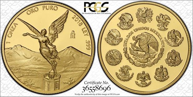 2018 Mexican gold Libertad 1 oz coin displaying Winged Victory reverse with volcanoes and inscription “1 ONZA ORO PURO,” and obverse with ten historical coat of arms versions surrounding modern emblem inscribed “ESTADOS UNIDOS MEXICANOS”.