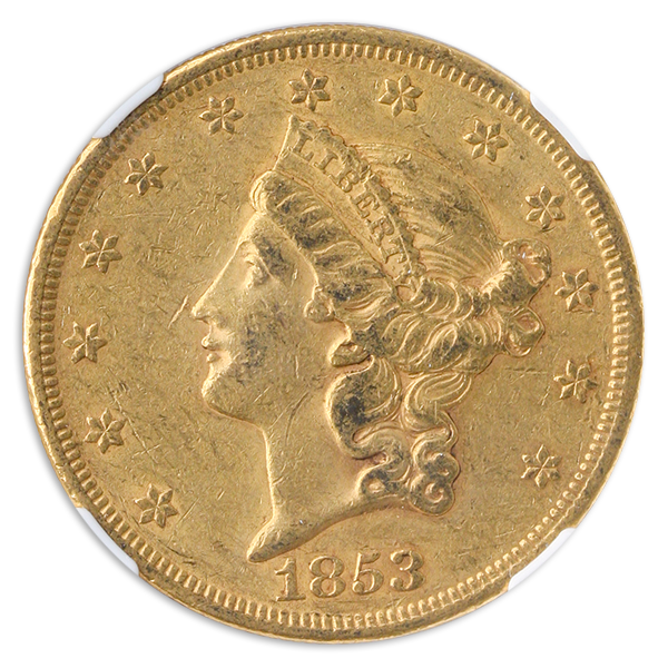 1853 $20 Liberty Gold Coin NGC About Uncirculated 55(AU55) CAC 1853 $20 Liberty Gold Coin NGC About Uncirculated 55(AU55) CAC