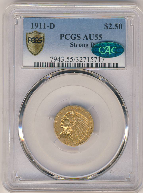 1911-D $2 1/2 Indian Gold Coin PCGS About Uncirculated 55(AU55) CAC 1911-D $2 1/2 Indian Gold Coin PCGS About Uncirculated 55(AU55) CAC