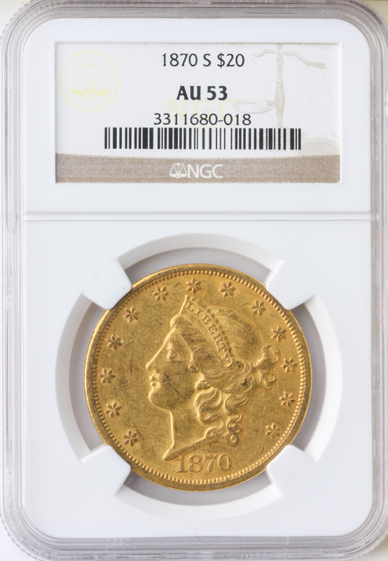 1870-S $20 LIBERTY 1870-S NGC NGC AU53