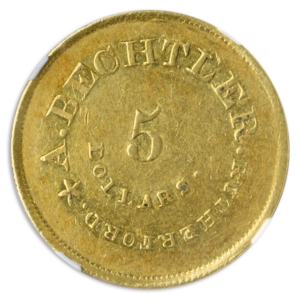 (1842-50) $5 A. BECHTLER 134G 21C NGC AU53 CAC