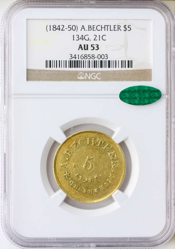 (1842-50) $5 A. BECHTLER 134G 21C NGC AU53 CAC
