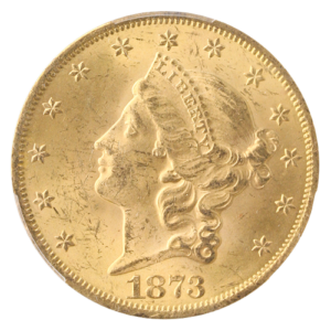 1873 $20 Liberty Open 3 PCGS MS63 CAC +
