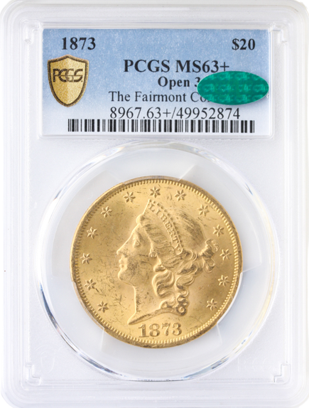 1873 $20 Liberty Open 3 PCGS MS63 CAC +