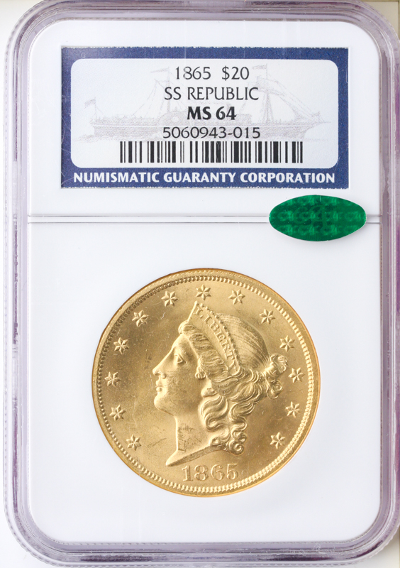 1865 $20 Liberty  S. S. Republic NGC MS64 CAC