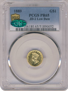1889 $1 Gold JD-2 Low Date PCGS PR65 CAC