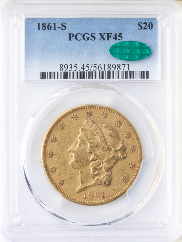 1861-S $20 Liberty PCGS XF45 CAC