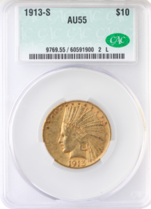 1913-S $10 Indian CACG AU55