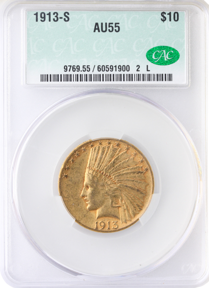 1913-S $10 Indian CACG AU55 1913-S $10 Indian CACG AU55