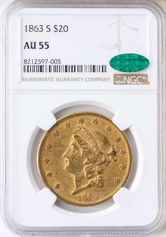 1863-S $20 Liberty NGC AU55 CAC