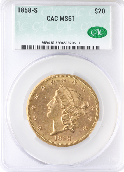1858-S $20 Liberty CACG MS61 1858-S $20 Liberty CACG MS61