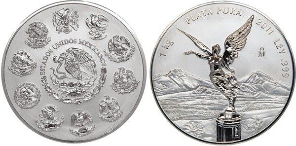 Mexican silver Libertad 1 kilo coin displaying obverse with ten historical coat of arms versions surrounding the modern emblem inscribed “ESTADOS UNIDOS MEXICANOS,” and reverse with Winged Victory atop monument with volcanoes.