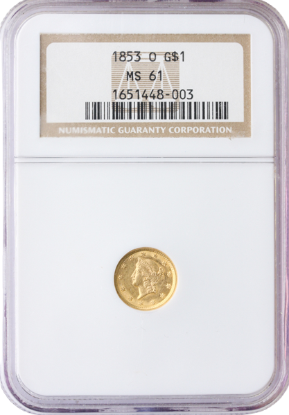 1853-O $1 Gold NGC MS61