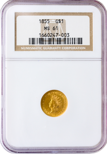 1855 $1 Indian Princess Gold Coin NGC Mint State 61(MS61)